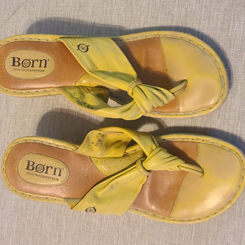 Born Lime Green Yellow Knot Leather 3 Inch Wedge Thong Sandals Size 9 - Picture 8 of 16
